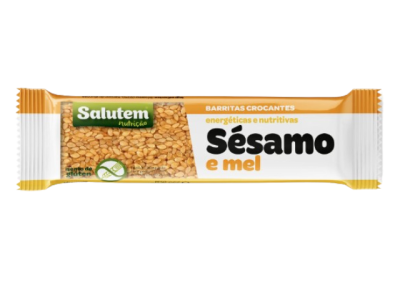 Barra crocante de sésamo e mel da marca Salutem na embalagem branca e laranja