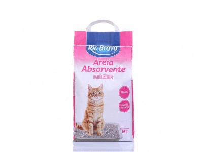 Saco de areia absorvente para gatos Rio Bravo rosa e branco com imagem de gato e texto