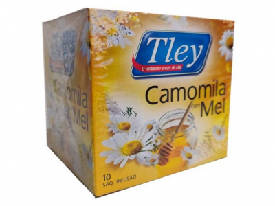 Caixa de chá Tley Camomila com Mel, amarelo com imagens de camomila e mel
