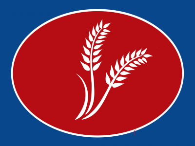 Logótipo oval vermelho com espigas de trigo brancas e contorno branco sobre fundo azul