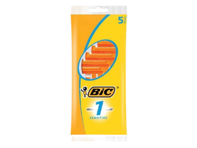 Embalagem amarela e azul de lâminas descartáveis BIC 1 Sensitive com cinco unidades