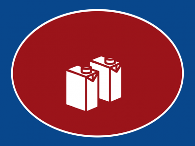 Ícone de dois pacotes retangulares brancos em fundo vermelho e azul