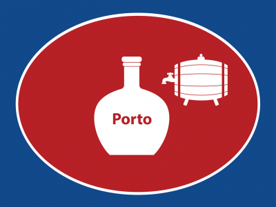 Símbolos brancos de garrafa com 'Porto' e barril em fundo oval vermelho com azul