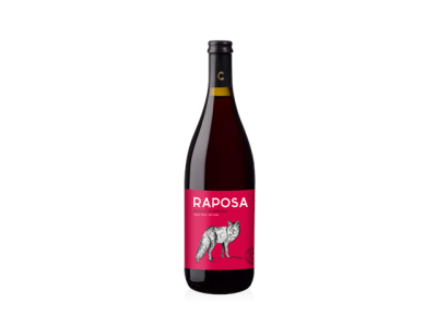 Garrafa de vinho tinto com rótulo rosa, desenho de raposa e texto RAPOSA