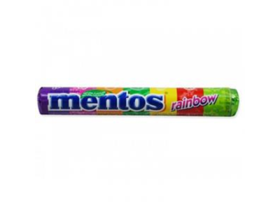 Embalagem cilíndrica de pastilhas Mentos Rainbow colorida.