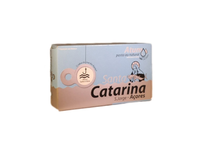 Lata de posta de atum natural Santa Catarina azule e bege com ilustração e texto em português