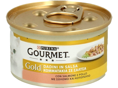 Lata de comida para gatos Purina Gourmet Gold com pedaços em molho sabor salmão e frango