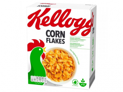 Caixa de cereais Kellogg's Corn Flakes com imagem de flocos de milho e um galo
