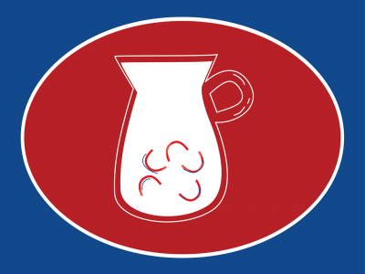 Ícone de jarra branca com alça em fundo oval vermelho sobre fundo azul