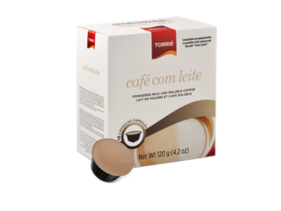 Embalagem de café com leite TORRIE com cápsula em primeiro plano