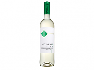 Garrafa de vinho branco Convento da Vila com rótulo branco e verde