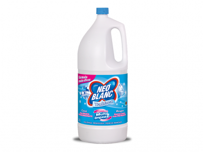 Frasco branco de 2L Neo Blanc Tradicional com tampa azul e rótulo azul