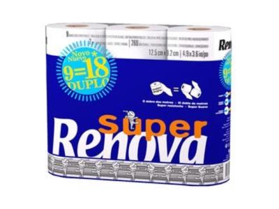 Embalagem de papel higiénico Renova Super azul com texto e selo promocional.