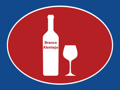 Desenho gráfico com garrafa de vinho e copo, texto Branco Alentejo