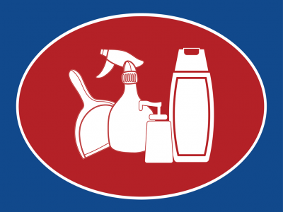 Ícones brancos de produtos de limpeza sobre fundo oval vermelho e fundo azul