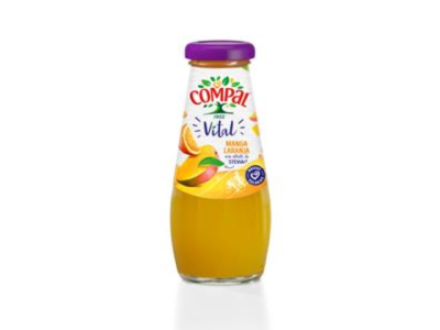 Garrafa de sumo Compal Vital manga laranja com tampa roxa