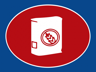 Saco de farinha branco com símbolo de grão de trigo em fundo vermelho e azul