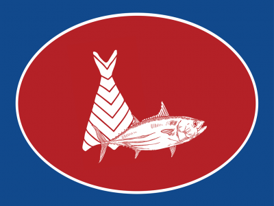 Ilustração de peixe branco num oval vermelho sobre fundo azul