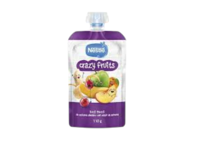 Embalagem flexível Nestlé Crazy Fruits com frutas desenhadas e texto informativo.