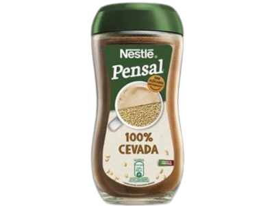 Frasco de Nestlé Pensal 100% cevada com tampa verde e imagem de chávena de café