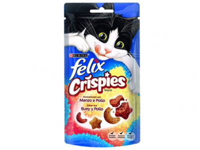 Embalagem de snacks para gato Felix Crispies da Purina com gato preto e branco e pedaços de snacks