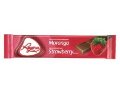 Barra de chocolate sabor morango Regina em embalagem rosa com morango e chocolate