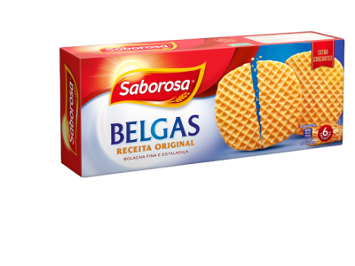 Embalagem de bolachas Saborosa Belgas Receita Original com imagem de bolachas redondas tipo waffle.