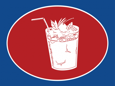 Desenho branco de copo com bebida, gelo, folhas e canudo em oval vermelho num fundo azul