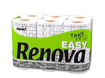 Pack de papel higiénico Renova com embalagem verde, branco e preto e texto motivacional