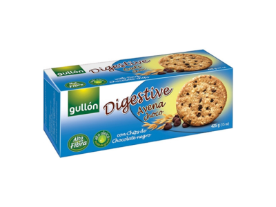 Pacote azul e branco de bolachas Gullón Digestive Avena Choco com chips de chocolate negro