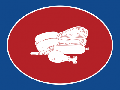 Ilustração branca de produtos de carne sobre fundo vermelho com borda azul