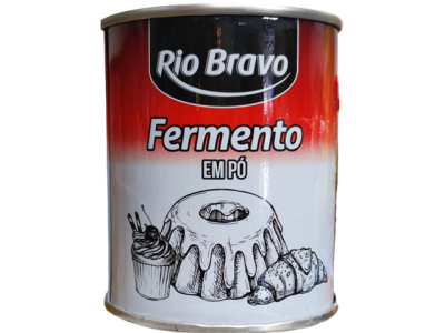 Lata de fermento em pó Rio Bravo com ilustrações de bolo, cupcake e croissant