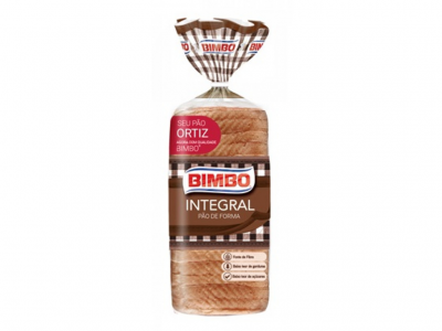 Embalagem de pão de forma integral Bimbo com rótulo castanho e texto em português.