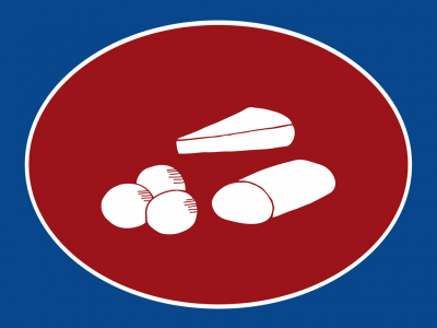 Sinal azul com círculo vermelho e ícones brancos de comida