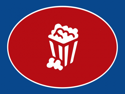 Logótipo de balde de pipocas branco em fundo vermelho circular sobre azul