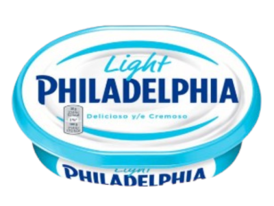 Embalagem de queijo creme light PHILADELPHIA azul e branca.