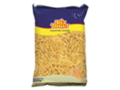 Pacote de macarrão com embalagem azul, amarelo e transparente