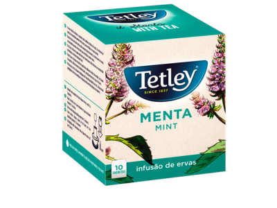 Caixa de chá Tetley Menta com ilustrações de menta