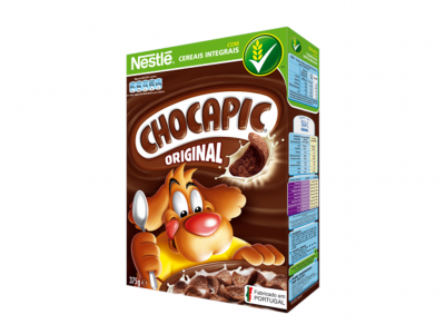 Caixa de cereais Nestlé Chocapic Original castanha e verde com mascote