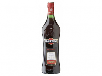Garrafa de Martini Rosso com rótulo branco e tampa vermelha