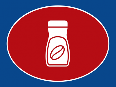 Ícone de frasco branco com símbolo de grão de café num círculo vermelho sobre fundo azul