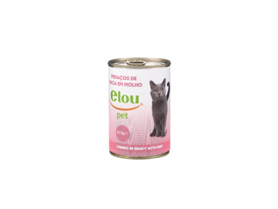 Lata de comida para gato elou pet com rótulo branco e rosa