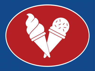 Logótipo com dois gelados de casquinha brancos em fundo oval vermelho e fundo azul