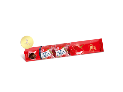 Embalagem vermelha de chocolates Mon Chéri com cinco peças e texto