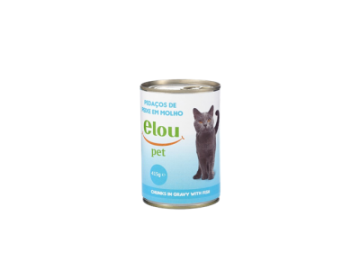 Lata de comida para gato elou pet com imagem de gato cinza