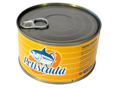Lata metálica amarela com peixe azul e texto Petiscada