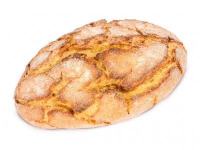 Pão caseiro oval com crosta dourada e textura rachada