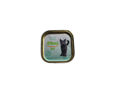 Lata de comida para gato com rótulo verde claro e amarelo, texto e imagem de gato preto