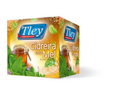 Embalagem cúbica do chá Tley cidreira com mel com imagem de mel e folhas