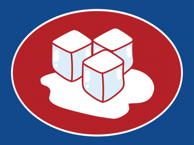 Três cubos de gelo em fundo vermelho oval sobre azul